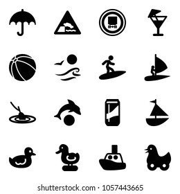 Solid vector icon set - insurance vector, embankment road sign, no dangerous cargo, drink, ball, waves, surfing, windsurfing, fishing, dolphin, sailboat toy, duck, boat