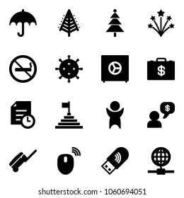 Solid vector icon set - insurance vector, christmas tree, firework, no smoking sign, virus, safe, money case, history, pyramid flag, success, dialog, suitcase, mouse wireless, usb wi fi, globe