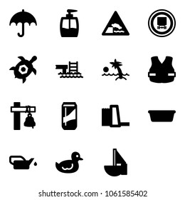 Solid vector icon set - insurance vector, liquid soap, embankment road sign, no dangerous cargo, sea turtle, pool, palm, life vest, ship bell, drink, water power plant, basin, oiler, duck toy