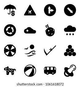 Solid vector icon set - insurance vector, airport road sign, only forward right, detour, circle, cloud, moon flag, rain, parasol, waves, scythe, billiards balls, toy horse, beach ball, bus, soother