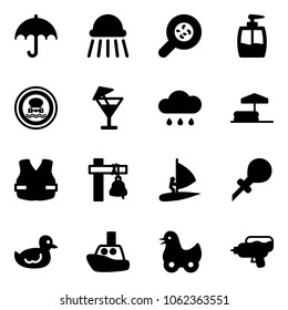 Solid vector icon set - insurance vector, shower, bacteria, liquid soap, no dangerous cargo road sign, drink, rain cloud, inflatable pool, life vest, ship bell, windsurfing, oiler, duck toy, boat
