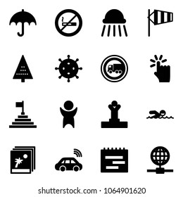 Solid vector icon set - insurance vector, no smoking sign, shower, side wind, christmas tree, virus, truck road, hand touch, pyramid flag, success, winner, swimming, photo, car wireless, terms plan