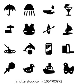 Solid vector icon set - insurance vector, shower, drop hand, drink, inflatable pool, life vest, kayak, windsurfing, fishing, dolphin, water power plant, oiler, duck toy, boat