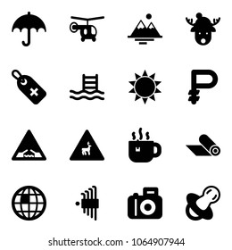 Solid vector icon set - insurance vector, helicopter, mountains, christmas deer hat, medical label, pool, sun, ruble, drawbridge road sign, wild animals, hot tea, mat, globe, allen key set, camera