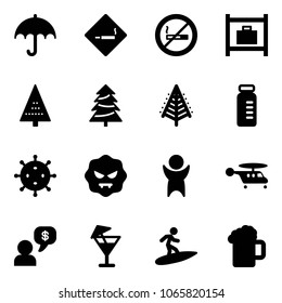 Solid vector icon set - insurance vector, smoking area sign, no, baggage room, christmas tree, vial, virus, success, helicopter, money dialog, drink, surfing, beer