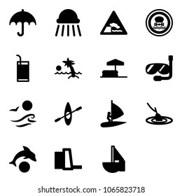 Solid vector icon set - insurance vector, shower, embankment road sign, no dangerous cargo, drink, palm, inflatable pool, diving, waves, kayak, windsurfing, fishing, dolphin, water power plant