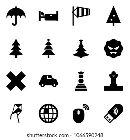 Solid vector icon set - insurance vector, hotel, side wind, christmas tree, virus, delete cross, car, chess queen, winner, kite, globe, mouse wireless, usb wi fi