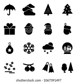 Solid vector icon set - insurance vector, clouds, christmas tree, gift, santa claus, glove, ball, snowflake, snowfall, snowball house, sale, rowanberry, flippers, forest