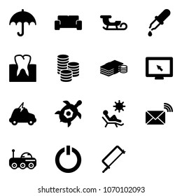 Solid vector icon set - insurance vector, vip waiting area, sleigh, pipette, tooth, coin, cash, monitor cursor, electric car, sea turtle, beach, wireless mail, moon rover, standby button