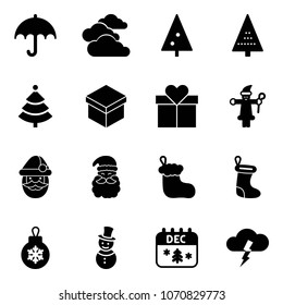 Solid vector icon set - insurance vector, clouds, christmas tree, gift, santa claus, sock, ball, snowman, calendar, storm