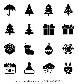 Solid vector icon set - insurance vector, christmas tree, gift, sock, ball, snowflake, calendar, hat, snow, toy rabbit