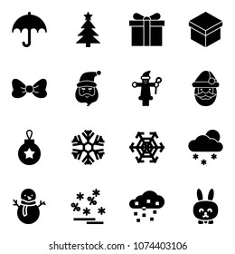 Solid vector icon set - insurance vector, christmas tree, gift, bow, santa claus, ball, snowflake, snowfall, snowman, sale, snow, toy rabbit