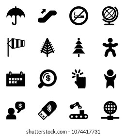 Solid vector icon set - insurance vector, escalator up, no smoking sign, globe, side wind, christmas tree, gymnastics, schedule, money search, hand touch, success, dialog, usb wi fi, conveyor