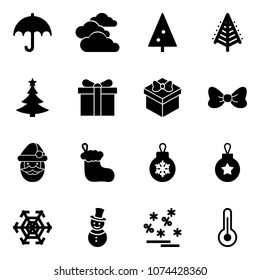 Solid vector icon set - insurance vector, clouds, christmas tree, gift, bow, santa claus, sock, ball, snowflake, snowman, sale, thermometer
