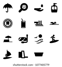 Solid vector icon set - insurance vector, bacteria, drop hand, liquid soap, no dangerous cargo road sign, drink, pool, swimming, inflatable, diving, waves, surfing, windsurfing, water power plant