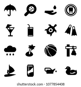 Solid vector icon set - insurance vector, bacteria, drop hand, no dangerous cargo road sign, drink, sea turtle, flippers, rain cloud, palm, ball, ship bell, windsurfing, oiler, toy duck