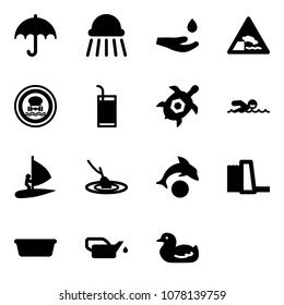 Solid vector icon set - insurance vector, shower, drop hand, embankment road sign, no dangerous cargo, drink, sea turtle, swimming, windsurfing, fishing, dolphin, water power plant, basin, oiler