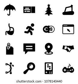 Solid vector icon set - insurance vector, ticket, christmas tree, treadmill, stomach, run, euro dollar, cursor browser, attachment, chat, map pin, agreement, bezier, beanbag, game console, gamepad
