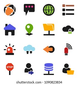 solid vector icon set - internet vector, connection, network folder, server, cloud lock, exchange, menu, usb modem, home, message, arrow, login, stop, pin, siren, customer