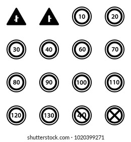 Solid vector icon set - intersection vector road sign, speed limit 10, 20, 30, 40, 60, 70, 80, 90, 100, 110, 120, 130, end minimal, no stop