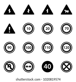 Solid vector icon set - intersection vector road sign, cow, attention, speed limit 10, 20, 70, 90, 100, 110, 120, no turn back, overtake, minimal, stop