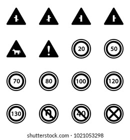 Solid Vector Icon Set - Intersection Vector Road Sign, Cow, Attention, Speed Limit 20, 50, 70, 80, 100, 120, 130, No Turn Back, End Minimal, Stop