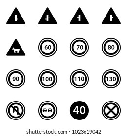 Solid vector icon set - intersection vector road sign, cow, speed limit 60, 70, 80, 90, 100, 110, 130, no turn back, overtake, minimal, stop