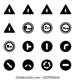 Solid vector icon set - intersection vector road sign, no trailer, limited width, cart horse, truck overtake, only forward right, detour, circle