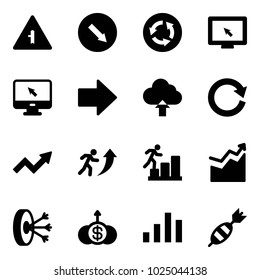 Solid vector icon set - intersection vector road sign, detour, circle, monitor cursor, right arrow, upload cloud, reload, growth, career, solution, dollar, chart, dart