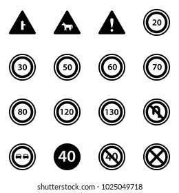 Solid vector icon set - intersection vector road sign, cow, attention, speed limit 20, 30, 50, 60, 70, 80, 120, 130, no turn back, overtake, minimal, end, stop