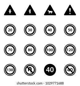 Solid vector icon set - intersection vector road sign, cow, attention, speed limit 20, 30, 40, 50, 70, 80, 100, 120, 130, no turn back, minimal, end