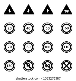 Solid Vector Icon Set - Intersection Vector Road Sign, Cow, Speed Limit 20, 40, 50, 60, 70, 80, 100, 110, 130, No Turn Back, End Minimal, Stop