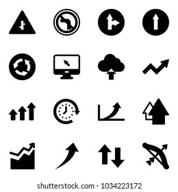 Solid vector icon set - intersection vector road sign, no left turn, only forward right, circle, monitor cursor, upload cloud, growth arrow, arrows up, clock around, down, bow