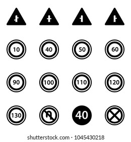 Solid vector icon set - intersection vector road sign, speed limit 10, 40, 50, 60, 90, 100, 110, 120, 130, no turn back, minimal, stop