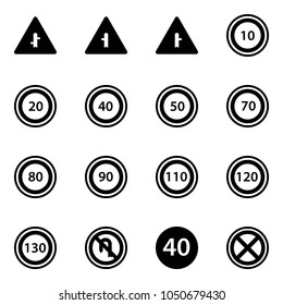 Solid vector icon set - intersection vector road sign, speed limit 10, 20, 40, 50, 70, 80, 90, 110, 120, 130, no turn back, minimal, stop