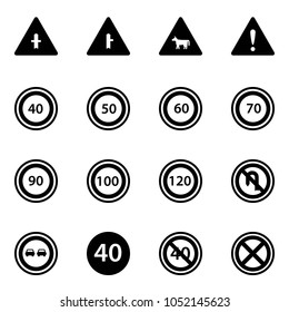 Solid vector icon set - intersection vector road sign, cow, attention, speed limit 40, 50, 60, 70, 90, 100, 120, no turn back, overtake, minimal, end, stop