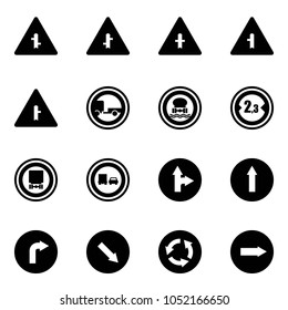Solid vector icon set - intersection vector road sign, no trailer, dangerous cargo, limited width, truck overtake, only forward right, detour, circle