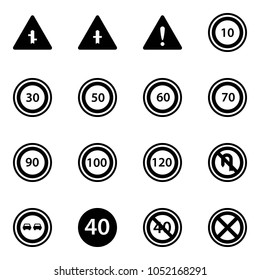 Solid vector icon set - intersection vector road sign, attention, speed limit 10, 30, 50, 60, 70, 90, 100, 120, no turn back, overtake, minimal, end, stop