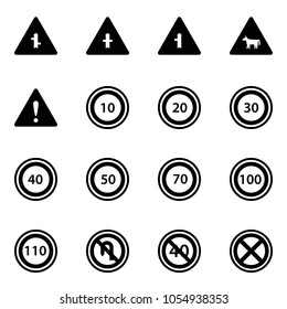 Solid Vector Icon Set - Intersection Vector Road Sign, Cow, Attention, Speed Limit 10, 20, 30, 40, 50, 70, 100, 110, No Turn Back, End Minimal, Stop