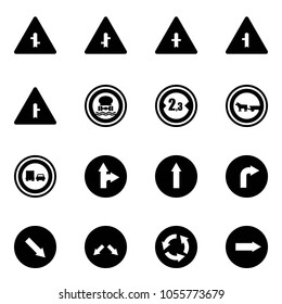 Solid vector icon set - intersection vector road sign, no dangerous cargo, limited width, cart horse, truck overtake, only forward right, detour, circle