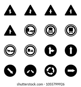 Solid vector icon set - intersection vector road sign, no trailer, dangerous cargo, cart horse, truck overtake, only forward right, detour, circle