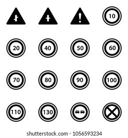 Solid vector icon set - intersection vector road sign, attention, speed limit 10, 20, 40, 50, 60, 70, 80, 90, 100, 110, 130, no overtake, stop