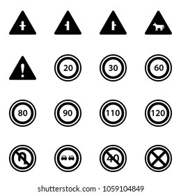 Solid vector icon set - intersection vector road sign, cow, attention, speed limit 20, 30, 60, 80, 90, 110, 120, no turn back, overtake, end minimal, stop