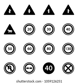 Solid vector icon set - intersection vector road sign, cow, speed limit 20, 30, 40, 50, 60, 80, 130, no turn back, overtake, minimal, stop