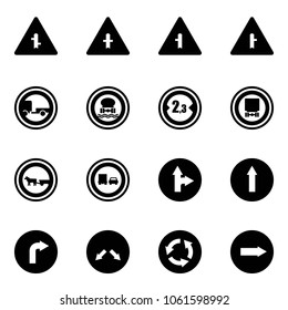 Solid vector icon set - intersection vector road sign, no trailer, dangerous cargo, limited width, cart horse, truck overtake, only forward right, detour, circle