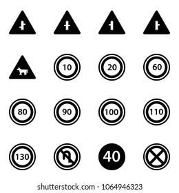 Solid vector icon set - intersection vector road sign, cow, speed limit 10, 20, 60, 80, 90, 100, 110, 130, no turn back, minimal, stop
