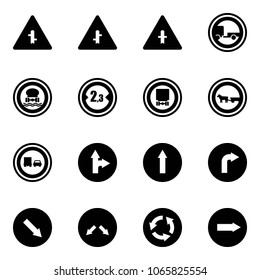 Solid vector icon set - intersection vector road sign, no trailer, dangerous cargo, limited width, cart horse, truck overtake, only forward right, detour, circle