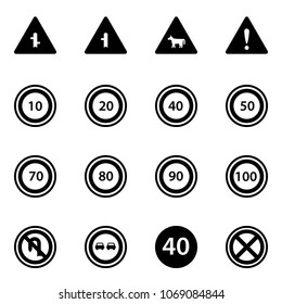 Solid vector icon set - intersection vector road sign, cow, attention, speed limit 10, 20, 40, 50, 70, 80, 90, 100, no turn back, overtake, minimal, stop