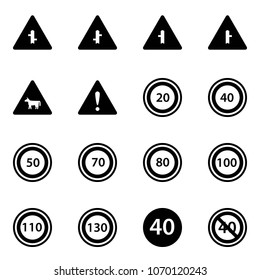Solid vector icon set - intersection vector road sign, cow, attention, speed limit 20, 40, 50, 70, 80, 100, 110, 130, minimal, end