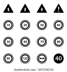 Solid vector icon set - intersection vector road sign, attention, speed limit 10, 20, 30, 40, 50, 60, 70, 80, 90, 120, no overtake, minimal